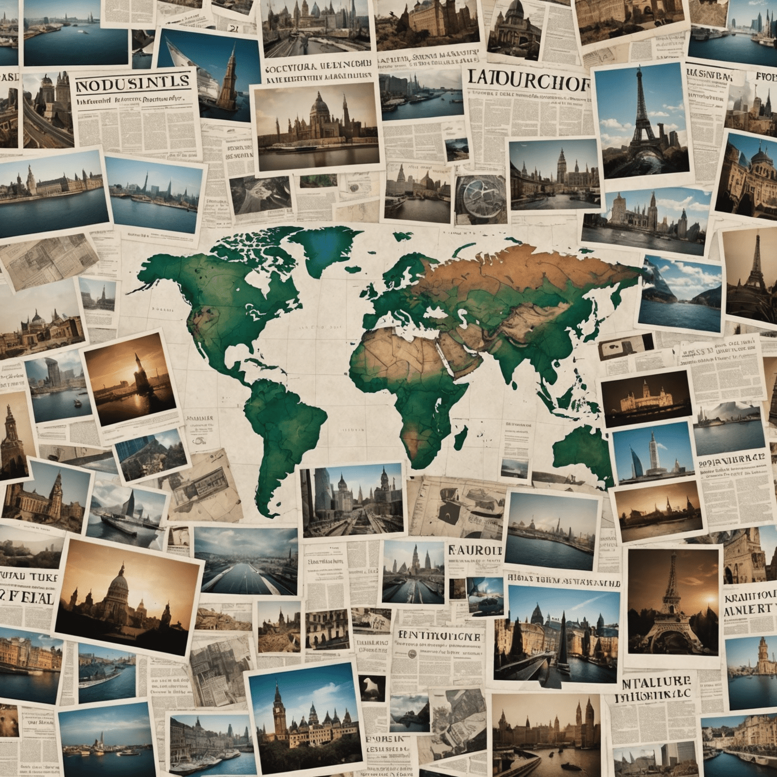 A collage of images representing the latest international news, including a world map, a newspaper, and various global landmarks