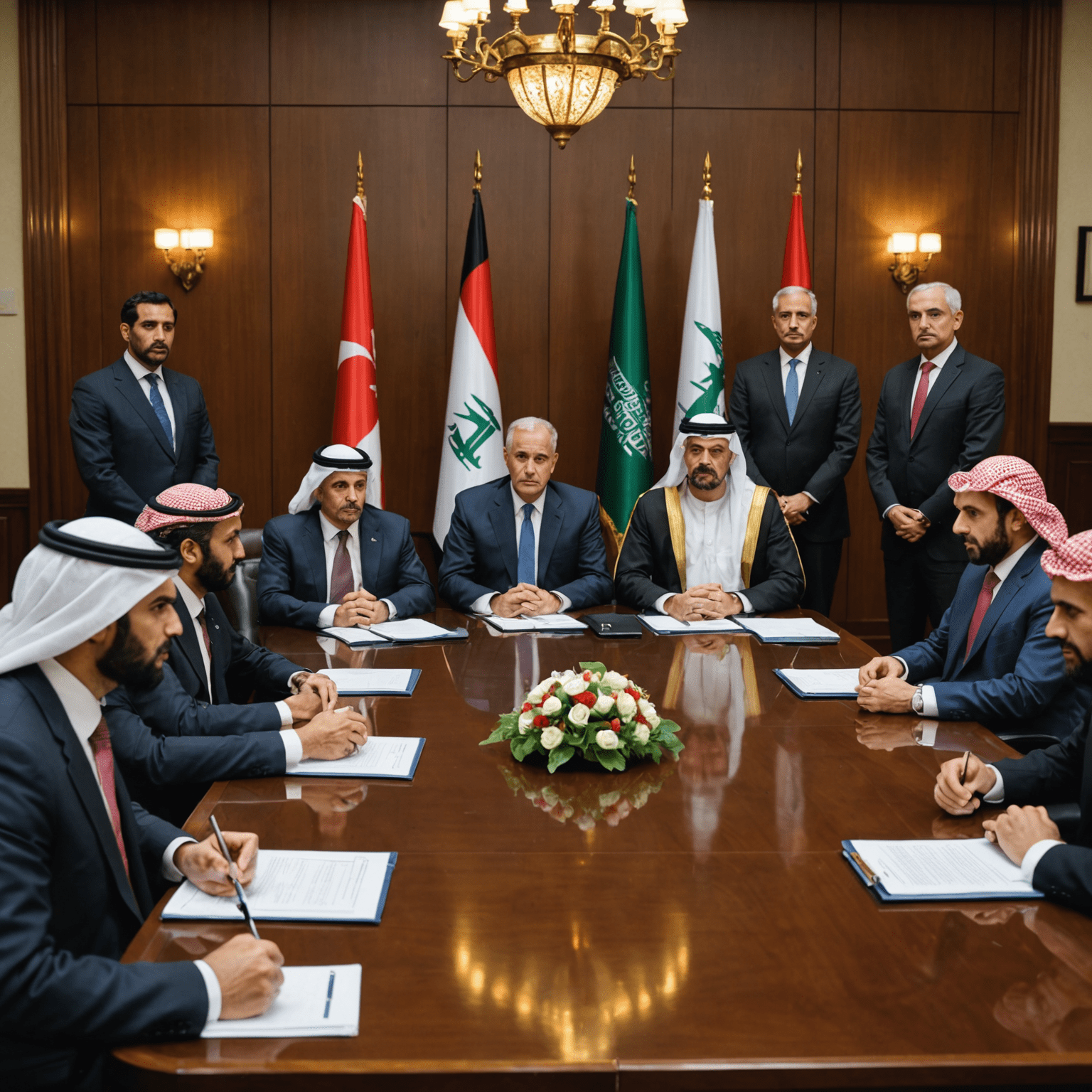 Diplomats from various Middle Eastern countries gathered around a conference table, looking tense and serious.