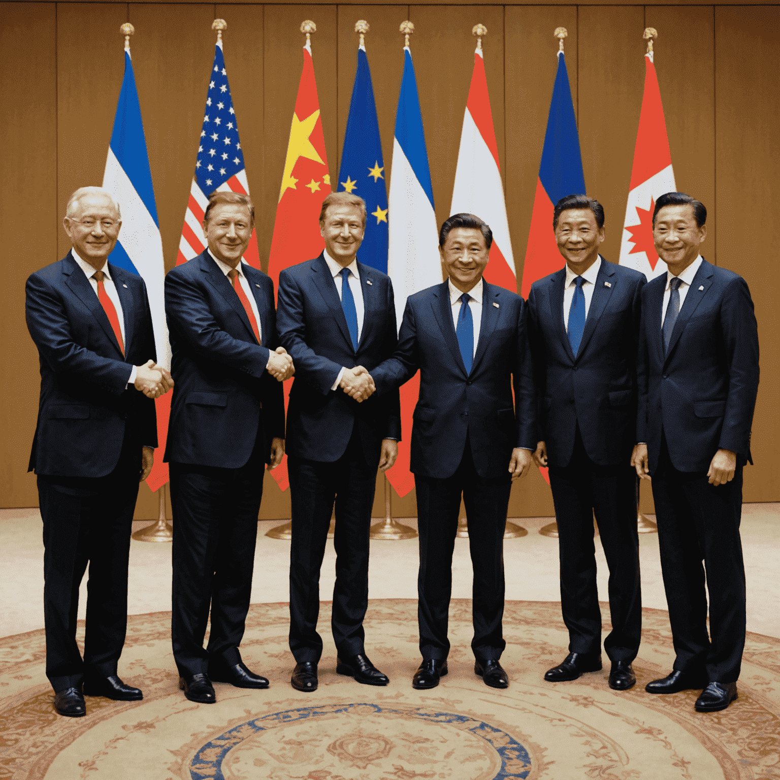 Group photo of world leaders at a diplomatic summit, standing togtogetherer and shaking hands