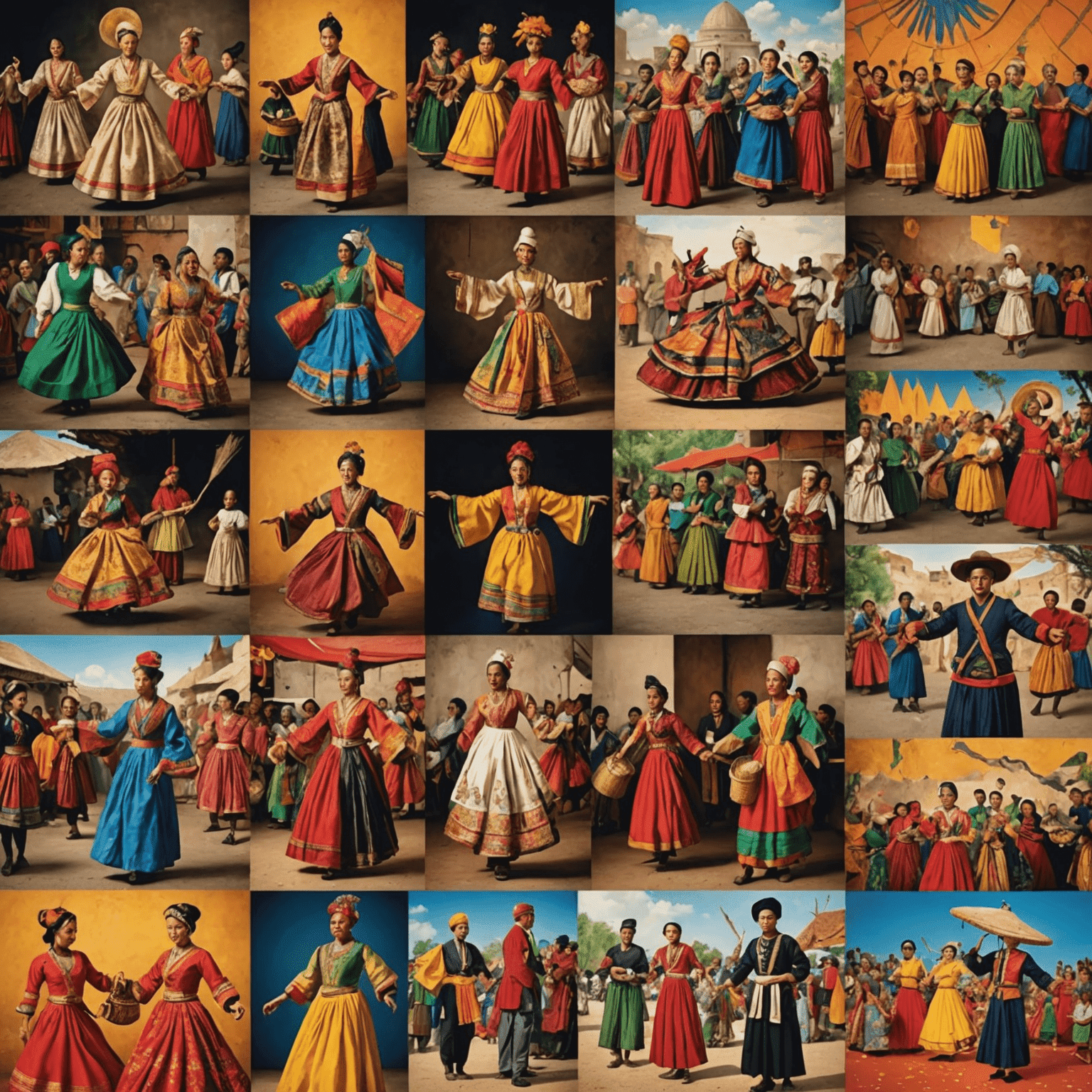 Collage of images showcasing different cultural traditions from around the world, such as traditional dances, festivals, clothing, and food