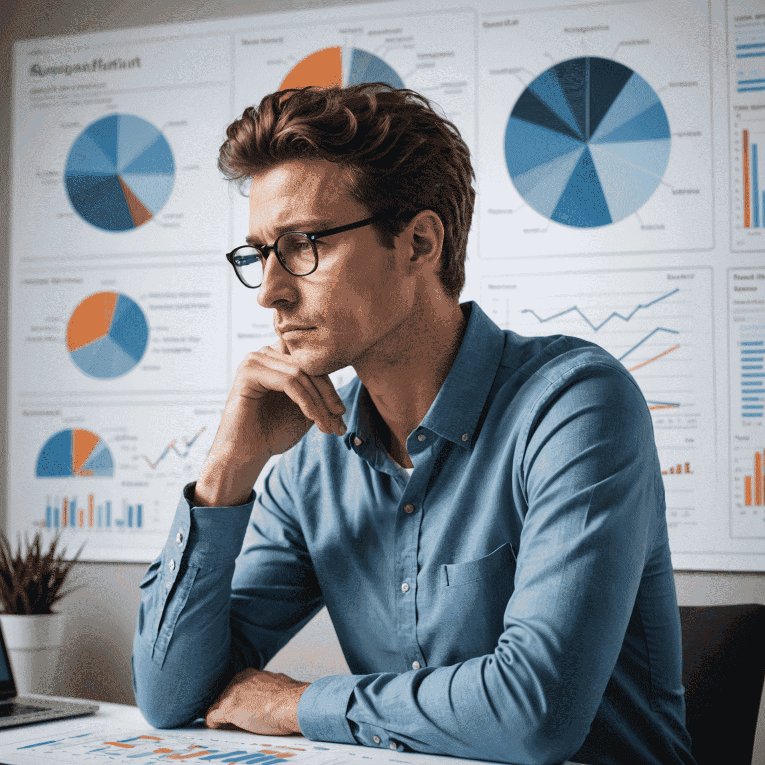 An image of a person deep in thought, surrounded by various charts, graphs, and data visualizations