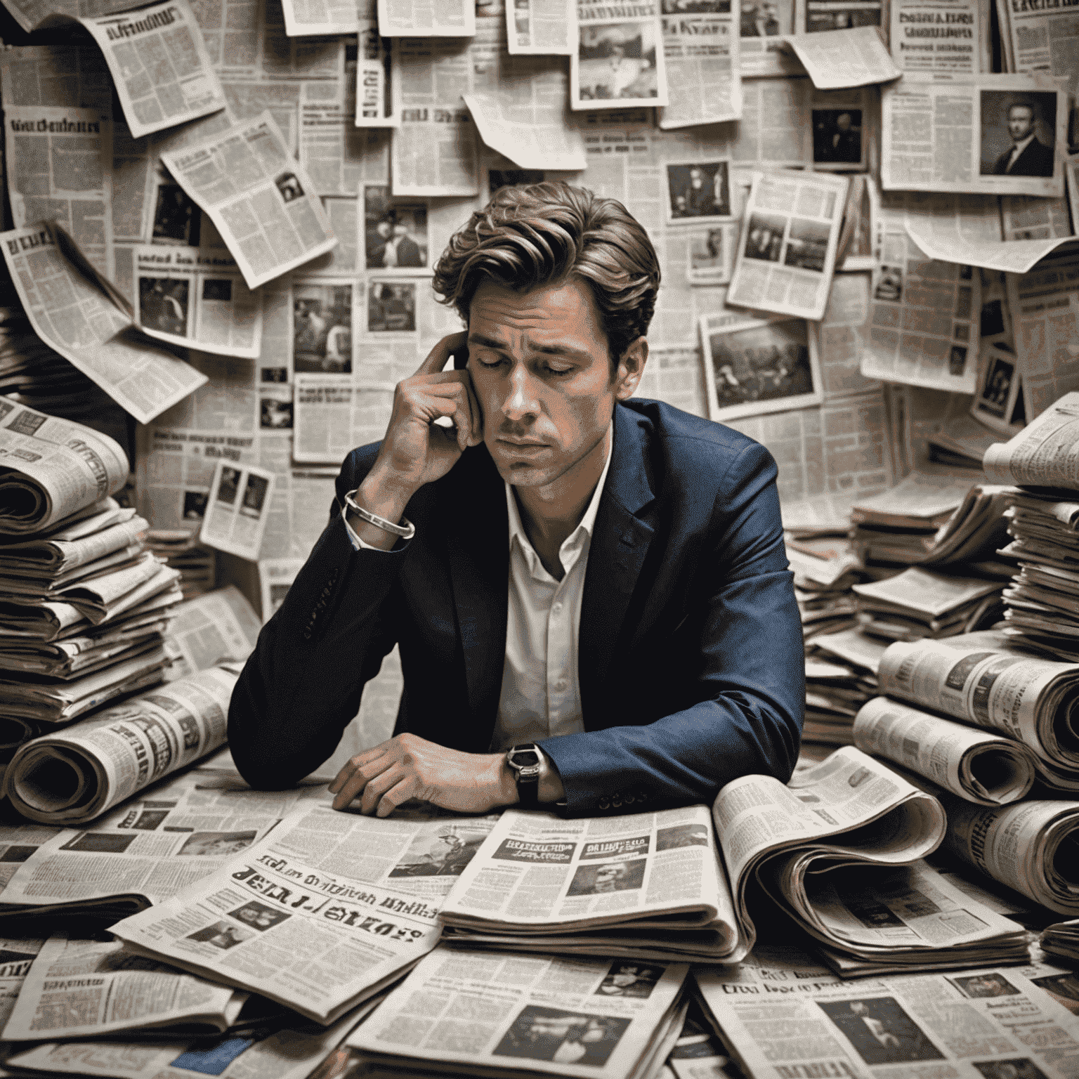 An image of a person deep in thought, surrounded by newspapers and articles, representing in-depth analysis of global issues.