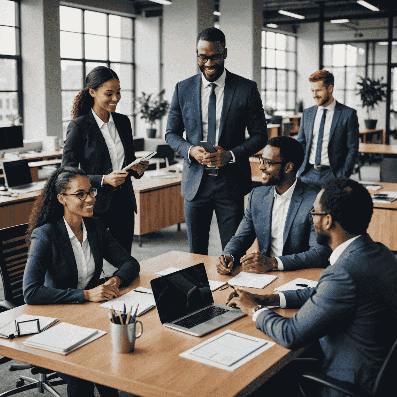 A diverse group of business professionals collaborating in a modern office setting