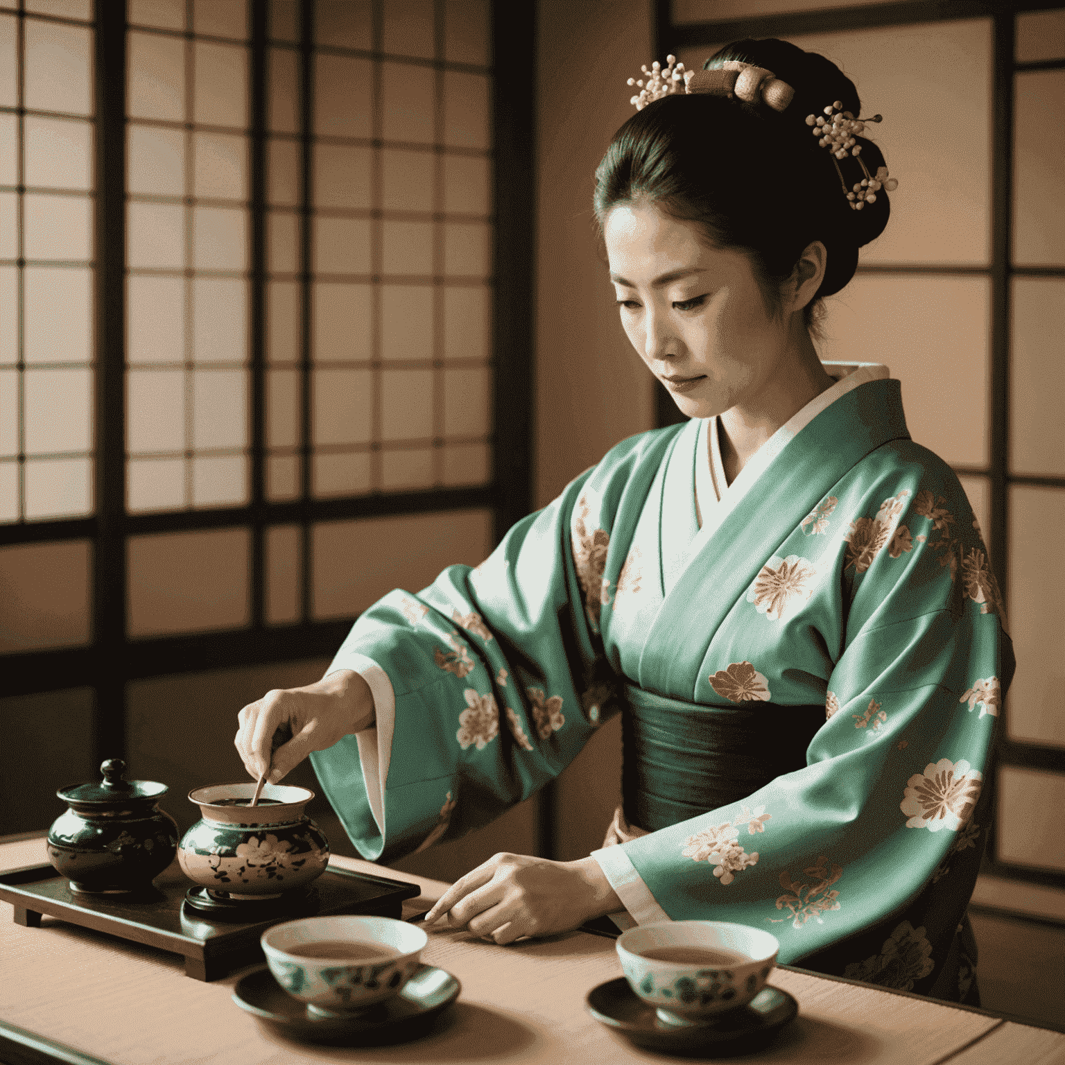 A Japanese woman wearing a traditional kimono performs a tea ceremony