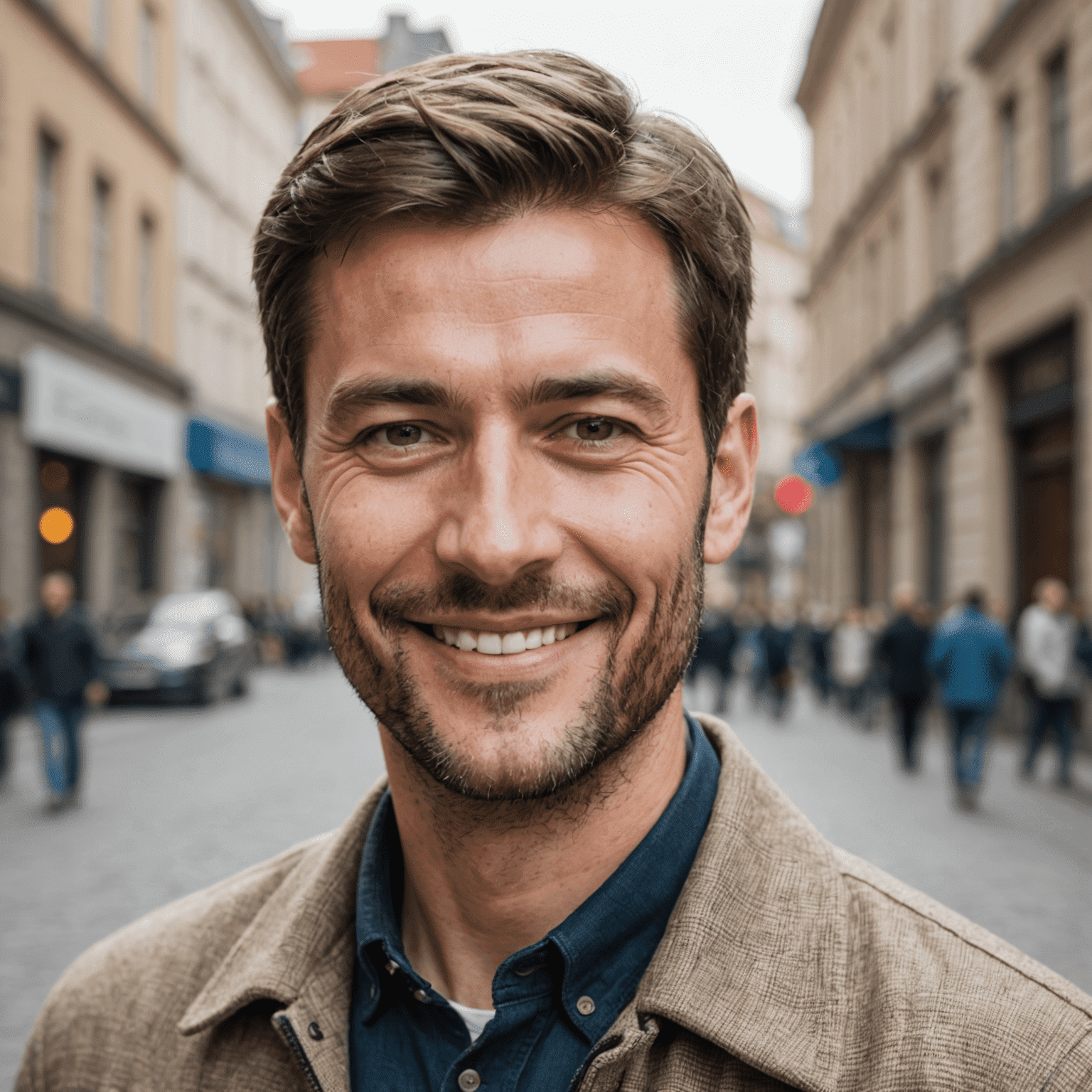 Portrait of the International Correspondent, a man in his 30s with short hair and a friendly smile