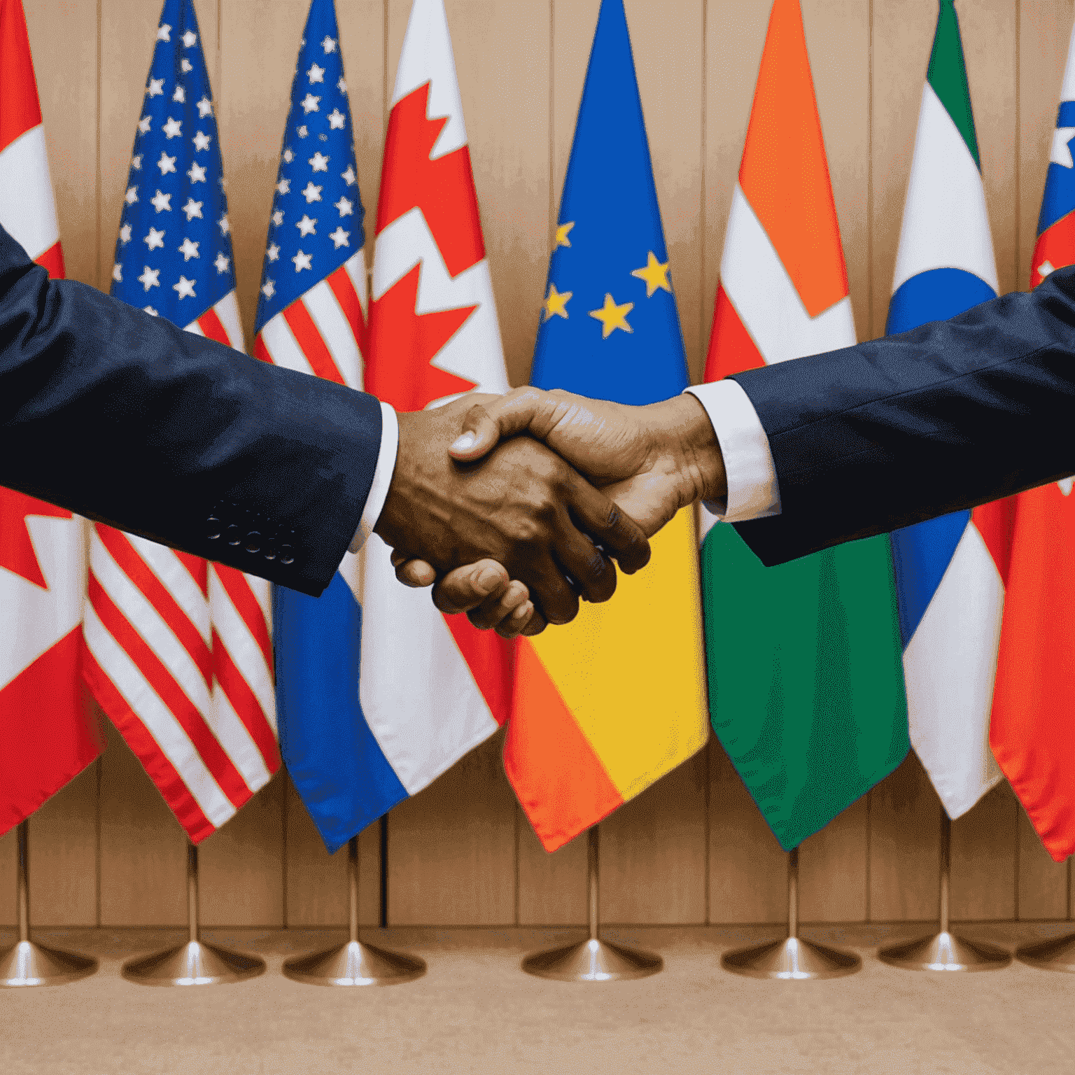 An image of world leaders shaking hands at a diplomatic event, with various national flags in the background