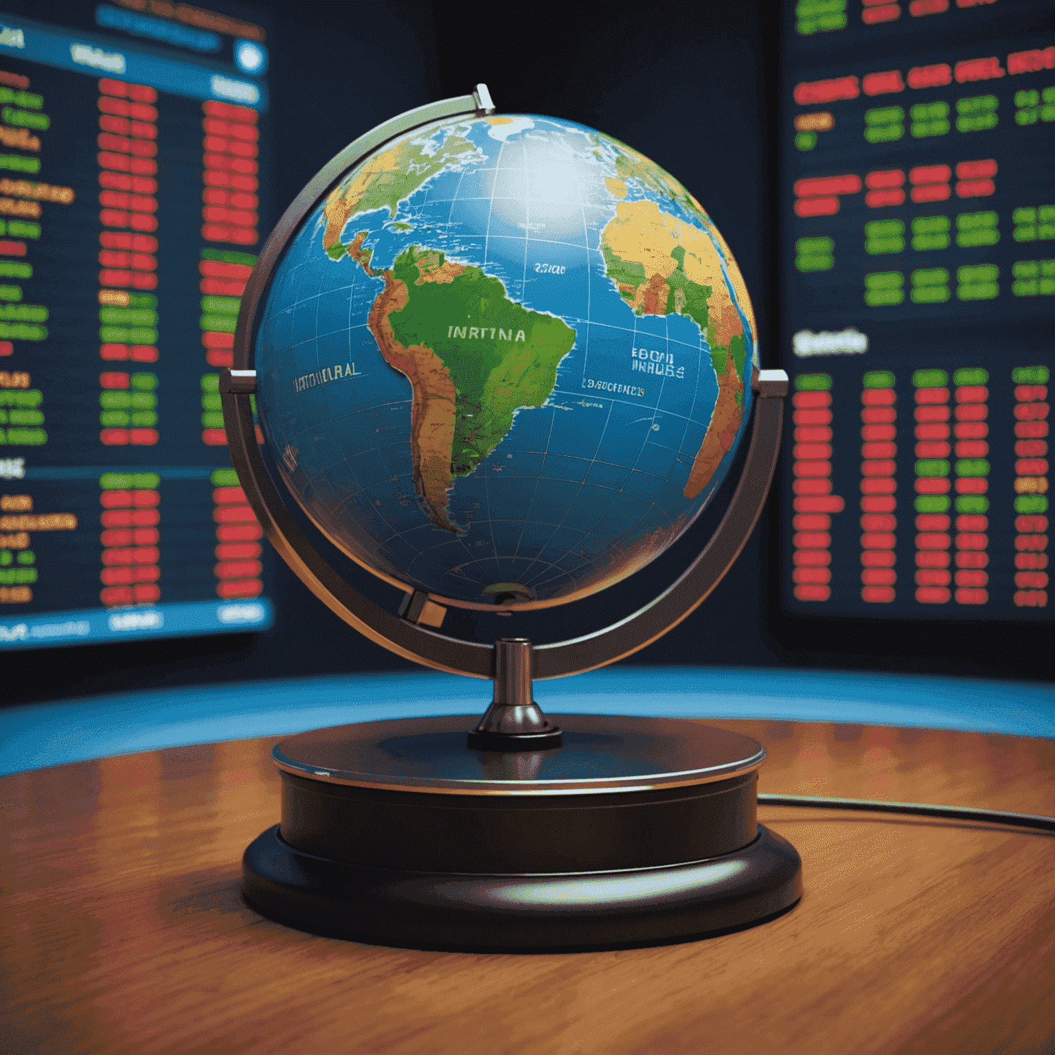 An image of a stock market ticker and a globe, representing the global economy and international business.